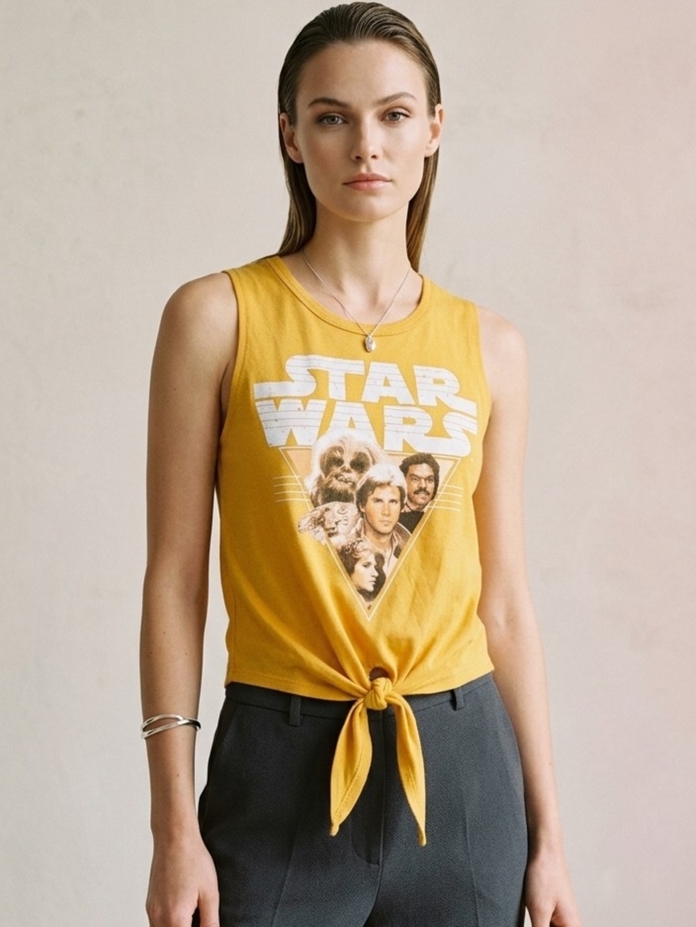 Star Wars Women's Mustard Yellow Tie-Front Sleeveless Graphic Top Size Small